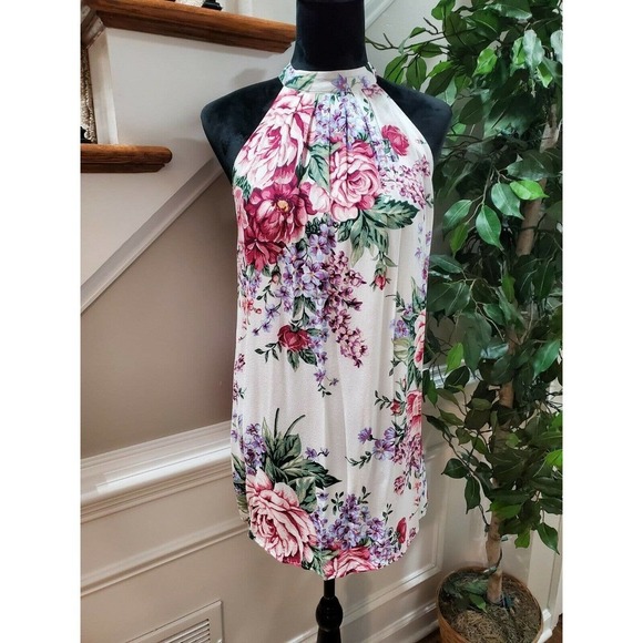 Forever 21 Women White Floral Rayon Halter Neck Sleeveless Knee Length Dress M - Picture 10 of 10